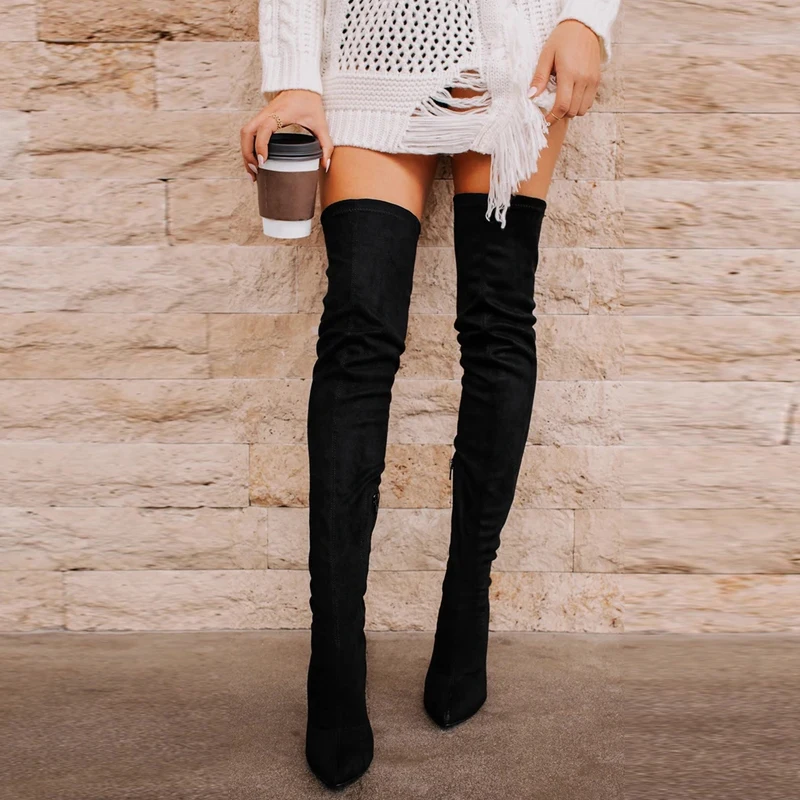 Black Stretch Boots Suede High Heels Pointed Thigh High Boots Size Zipper Over The Knee Boots Sexy Women Shoes