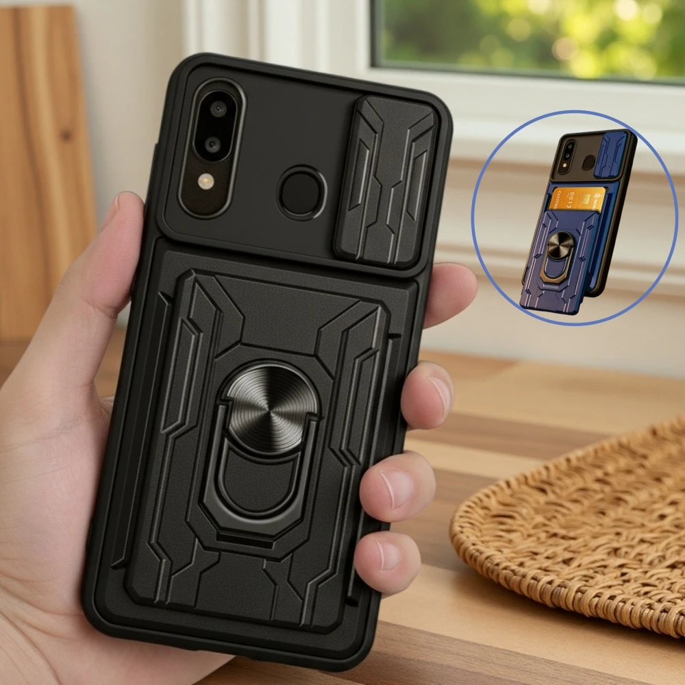 Funda Protectora para Samsung A20 / A30 con Ranura para Tarjetas, Protección para Cámara, Anillo Metálico, Cubierta, Carcasa