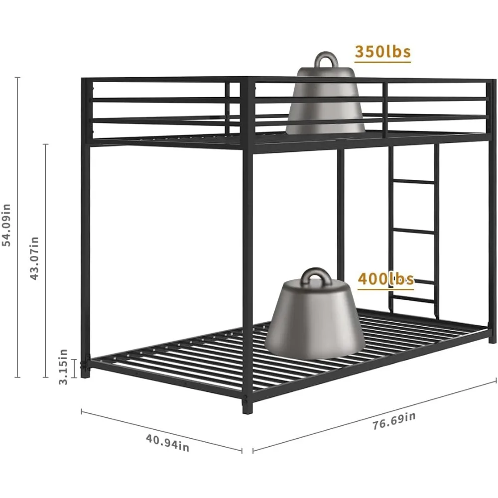 Metal Low Profile Bunkbed com escada lateral, Twin Over Twin Beliche, nenhuma mola de caixa necessária, fácil configuração, quadro de cama preta