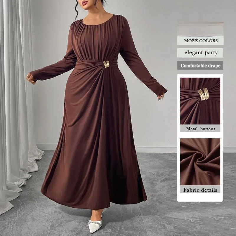 

Autumn Winter Coffee Color Long Sleeve round Neck Waist Cinched Pleated Dress Women's plus Size Sexy Business Polyester Fiber