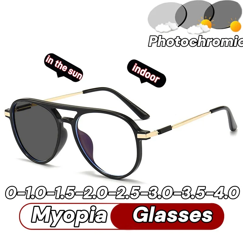 

New Trendy Large Frame Photochromic Myopia Glasses for Male and Female Anti Blue Light Color Changing Near Sight Eyeglasses-4.0