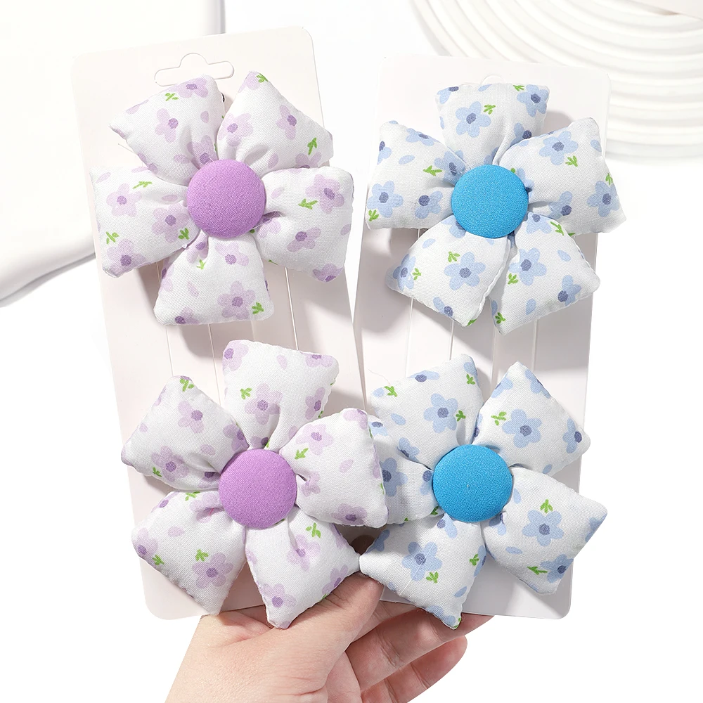 Clip de flores de tela con estampado lindo para niños, accesorios para el cabello para niñas, horquilla de temperamento, tocado de bebé, venta al por mayor, 2 piezas por juego