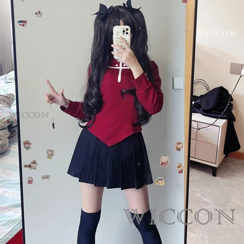 Fate Stay Night Tohsaka Rin Косплей Костюм Длинный Парик Красная Черная Юбка Комплект для Женщин Карнавальный Костюм Ролевые Игры Платья Хэллоуина