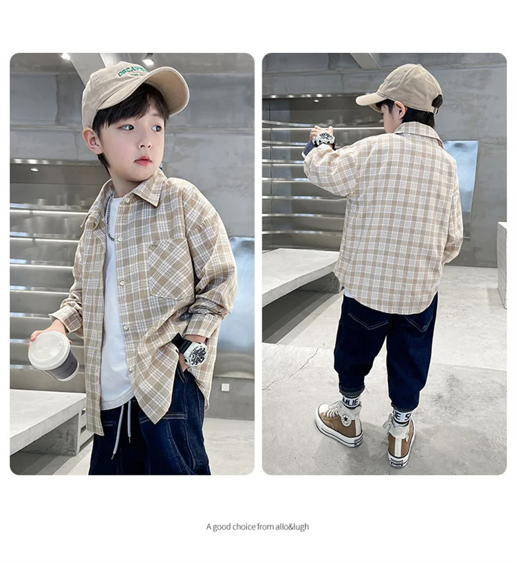 Neues Frühlings-Baumwoll-Langarmhemd für Jungen, Modische High-Street-Oberbekleidung, Oberteile für Teenager, Kariertes Streifenhemd, Alter 5-14 Jahre – Detail 24