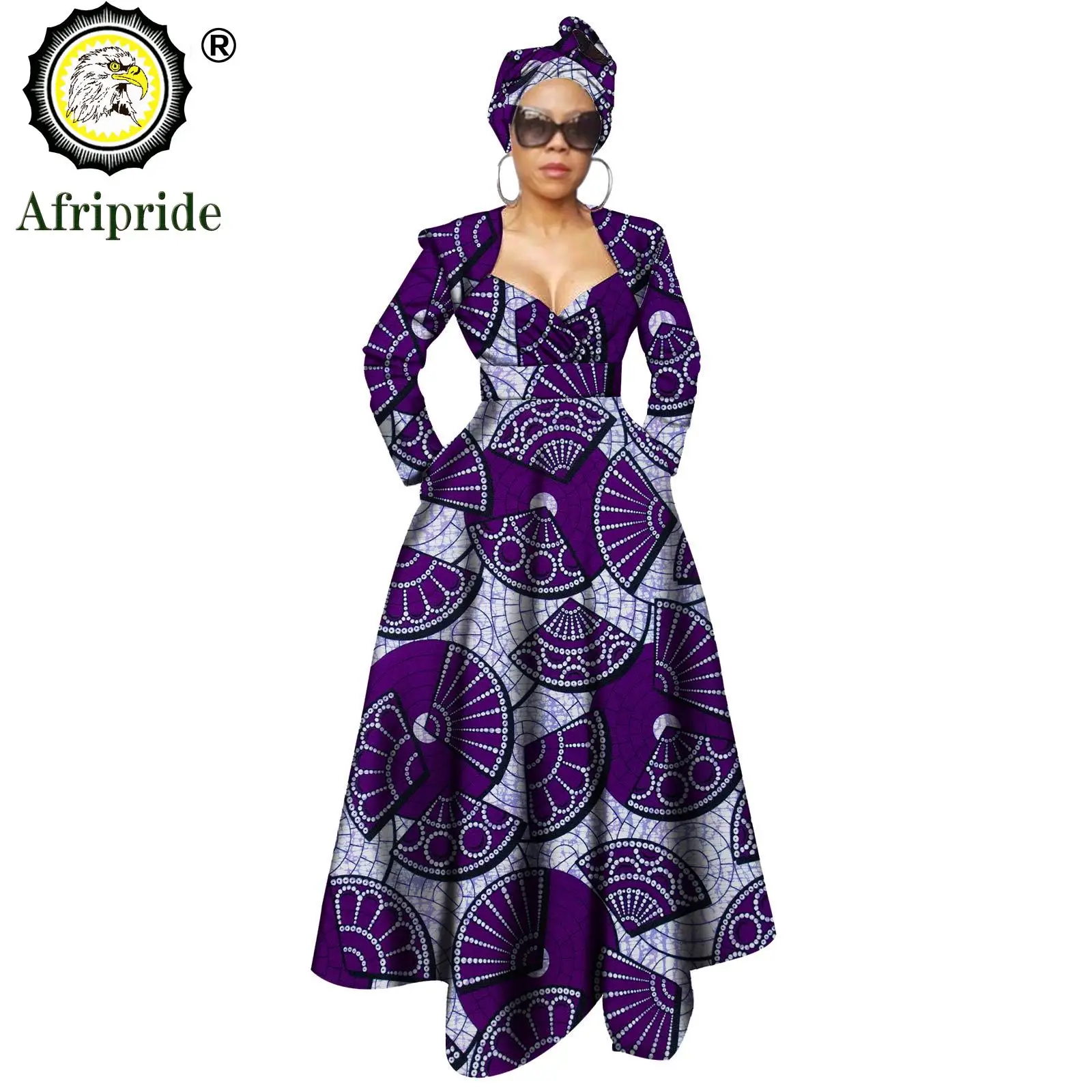 African Dresses for Women Ankara Print Dress + Headwarp V Neck Long Maxi Party Dress Dashiki Outfits Wax AFRIPRIDE S1925106
