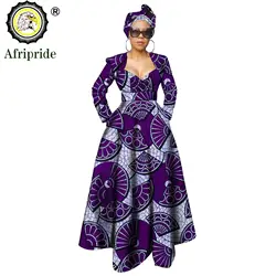 African Dresses for Women Ankara Print Dress + Headwarp V Neck Long Maxi Party Dress Dashiki Outfits Wax AFRIPRIDE S1925106