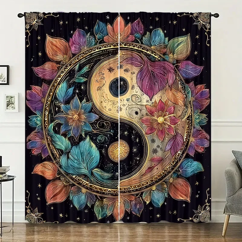 Tai Chi flower and star pattern curtains, installed using pocket rod method, suitable for bedrooms, living rooms, balconies