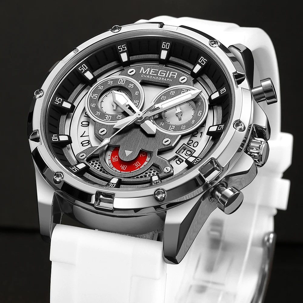 MEGIR رجل ساعة كوارتز مقاوم للماء فاخر مضيئة تاريخ كرونوغراف سيليكون الرجال ساعة اليد العسكرية الرياضية ساعات رجالية