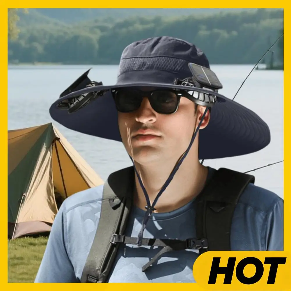 

Шляпа с солнечным вентилятором, уличная шляпа от солнца с широкими полями, пляжная шляпа для рыбалки на шнурке (темно-серая)