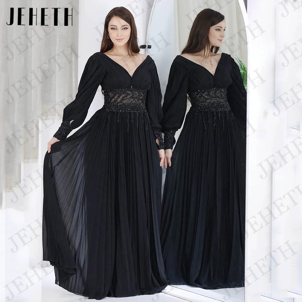 JEHETH فساتين السهرة zwart A-lijn Dubai chiffon avondjurk Arabische lange pofmouwen kraampjes rugloze V-hals prom jurk formeel Zwart A-lijn Dubai Chiffon Avondjurk  Arabische lange pofmouwen kralen  Rugloze V Neck Prom