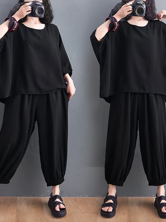 Slimming Effect Summer Loose plus Size Women's Fashion T-Shirt And Lantern Pants Two-Piece Set Casual Wear for plus Size