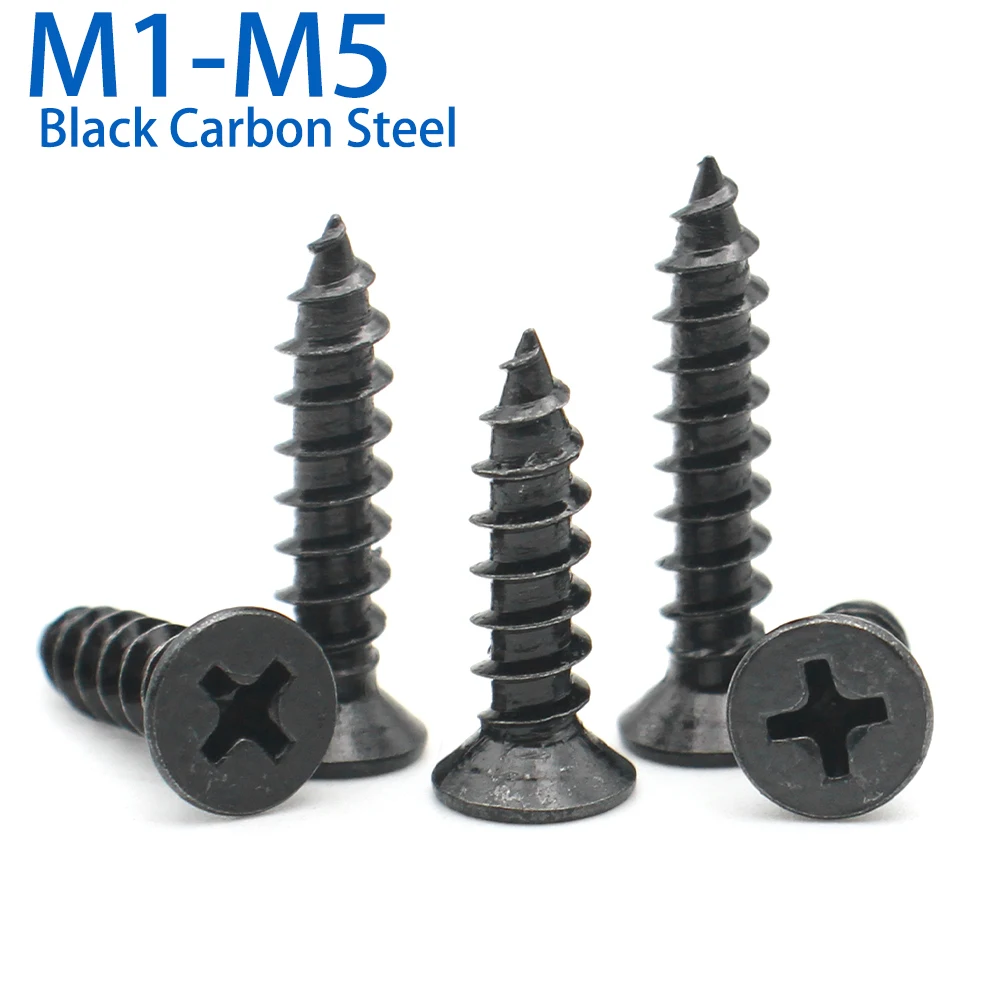 100pcs M1 M1.2 M1.4 M1.5 M2 M2.6 M3 M3.5 M4 M5 Black Carbon Steel Cross Phillips Countersunk Flat Head Self-tapping Screw