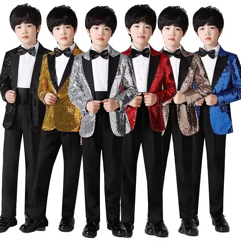 Good Quality Boy's Sequin Suit Children's Day Costume Model Catwalk Clothes Long Sleeve Single Button Boys Blazers Child Jackets