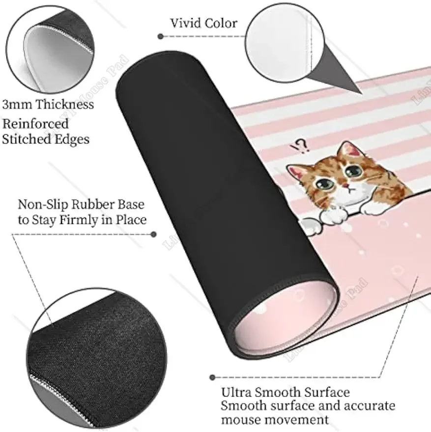 لطيف القط الوردي ماوس الوسادة كبيرة XL Kawaii الألعاب ماوس الوسادة مخيط حواف عدم الانزلاق المطاط ماوس حصيرة للعمل المكتبي 31.5X11.8 بوصة