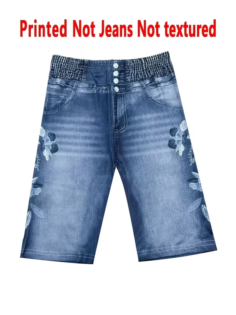 Bedruckte Leggings, Stoff ohne Denim, Caprihosen mit Scheintaschen- und Knopfdruck, hochelastische neue Skinny-Hosen. – Detail 4