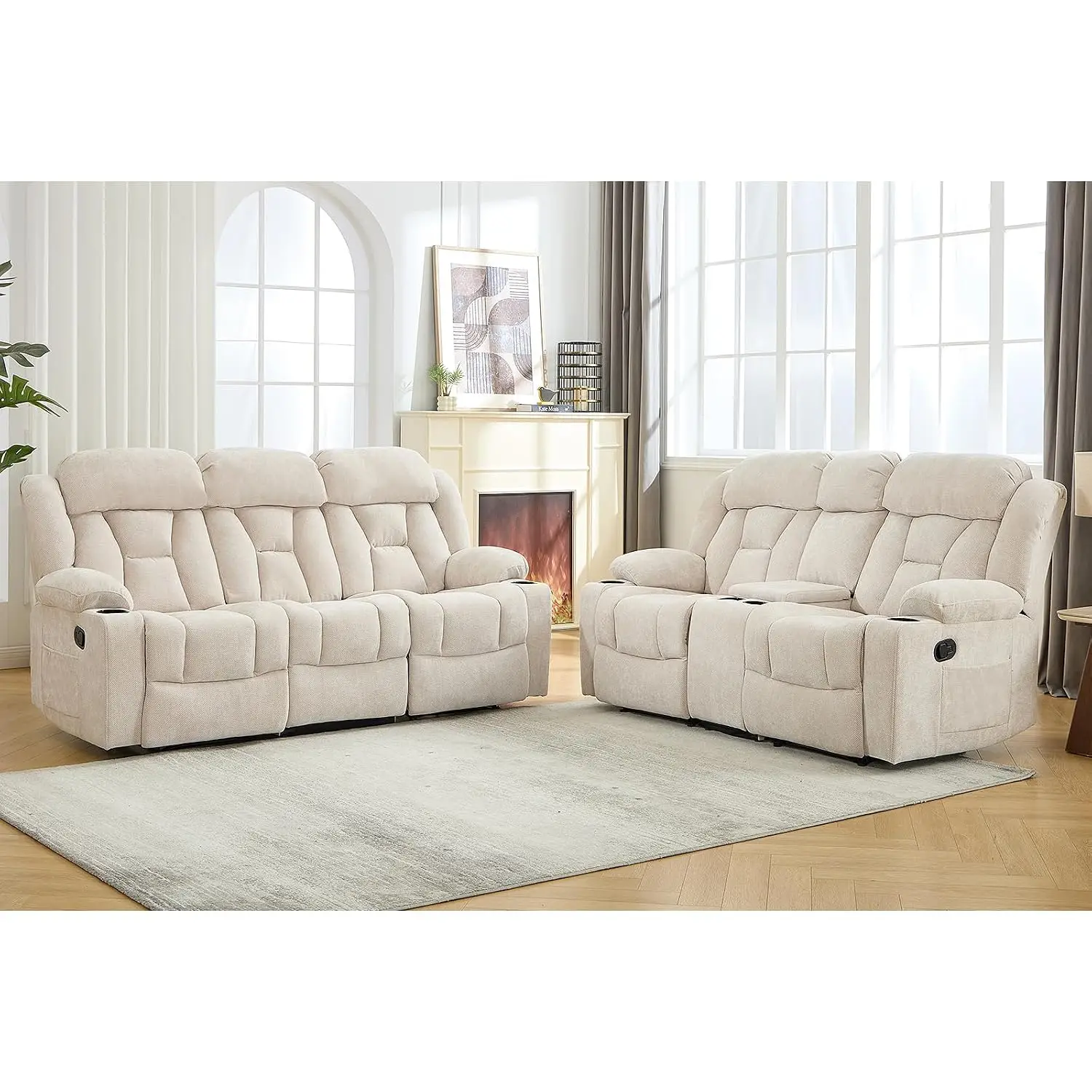 Manual Recliner Sofa Set with Overstuffed Arms, Cup Holders, Side Pocket, 3-Seater & Loveseat, Beige, Customized
