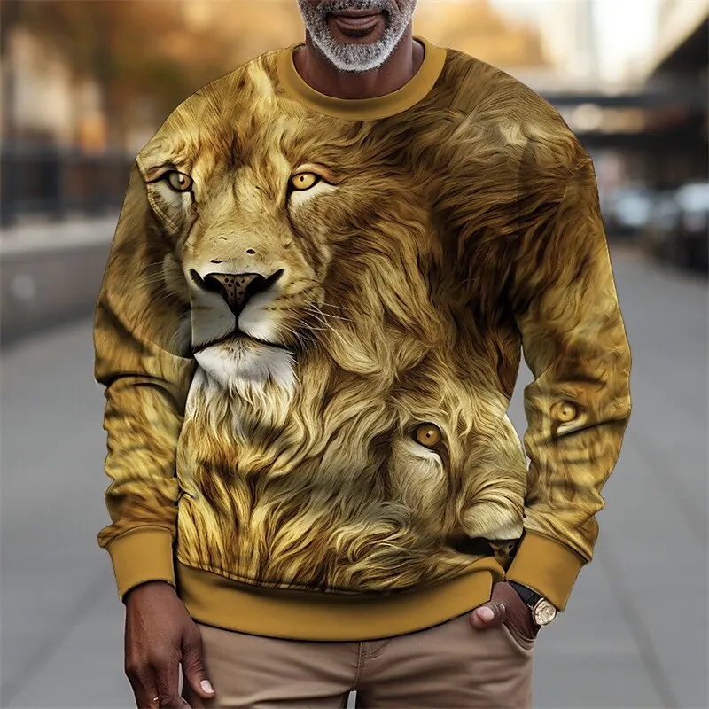 

3D Animal Lion Print Men's Round Neck Hoodies Vintage Cool Street Daily Casual Sweatshirt Autumn Loose Long Sleeve Pullover Tops