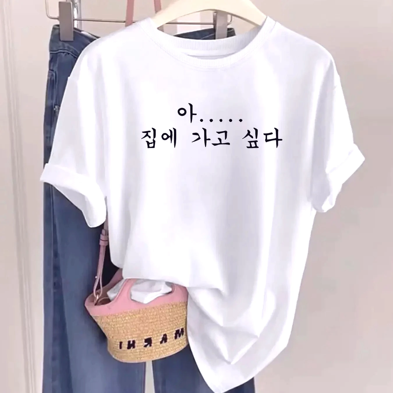 Damen Sommer T-Shirt mit handgeschriebener koreanischer Ellipsen-Print, lässig, Y2K, Kurzarm, Rundhals, modisch, neu, lustige Kleidung