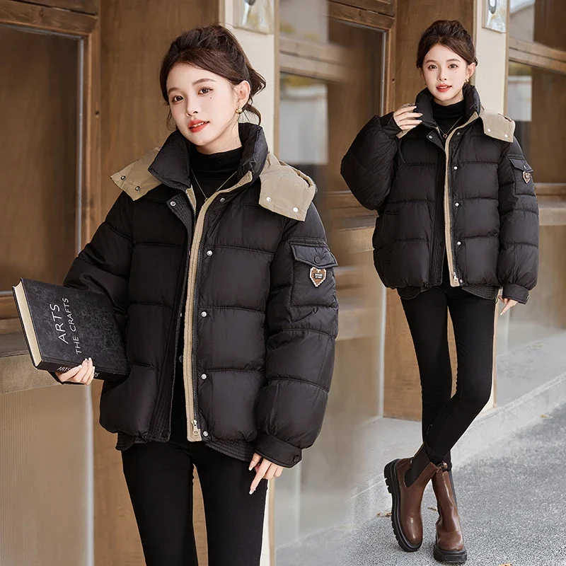 Women's Cotton-padded Jacket Version Woman Neck Korean Clothing Hooded Loose Fitting Warm Standing Neck Short Winter Coat