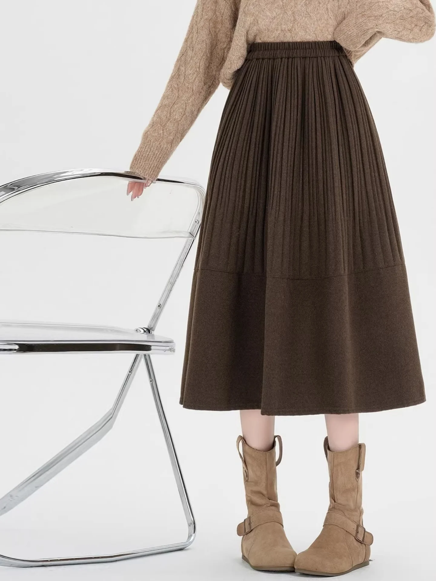 

Шерстяная юбка трапециевидной формы цвета хаки с высокой талией, закрывающая бедра, плиссированная, зимняя мода, женские юбки больших размеров