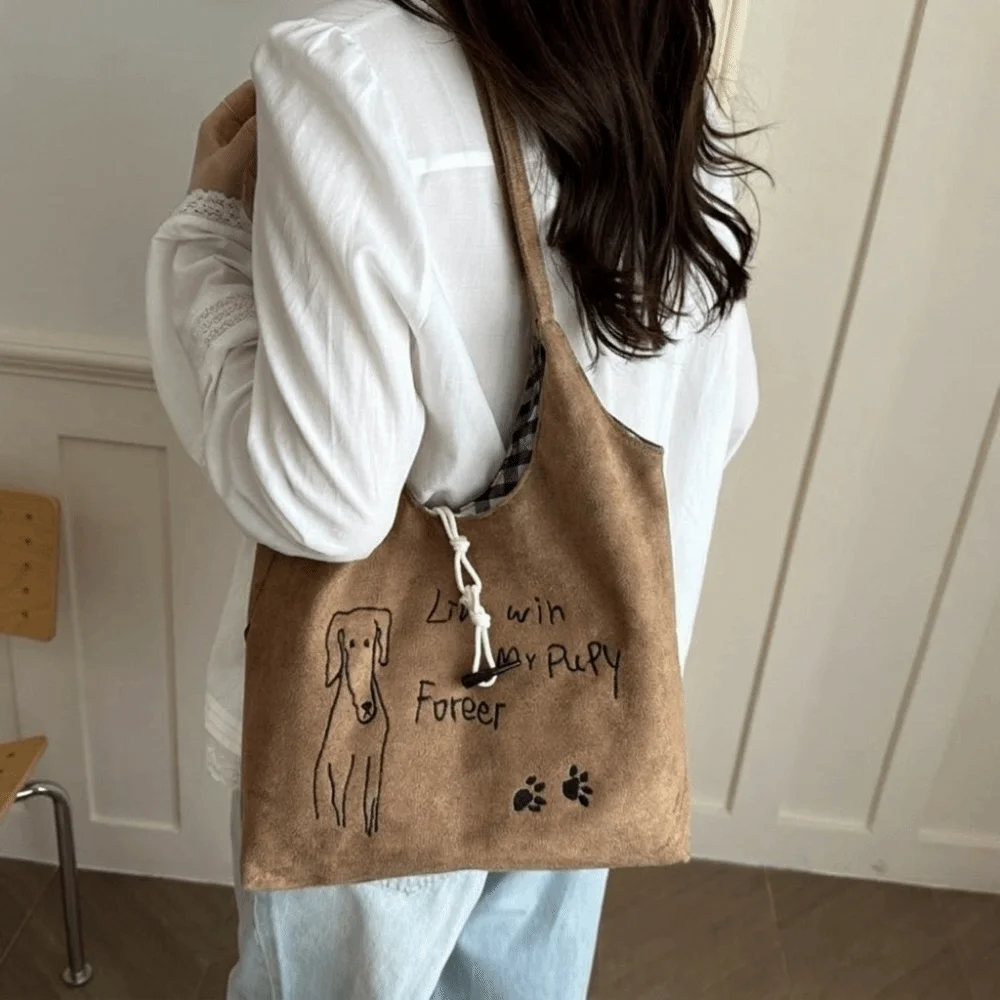 Vintage Puppy Paw Print Tote Bag Little Dog Large Capacity Handbag Reversible Design Washed Canvas Drawstring Shoulder Bag