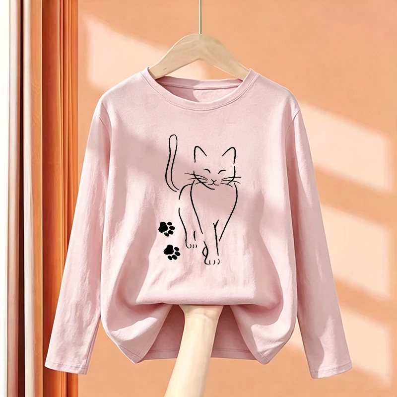 Cute Cat with Paw Kids Tshirts Autumn Long Sleeve Tees Cartoon Boys Girls Clothes Kawaii Kitten Tops Y2K Children T-shirt