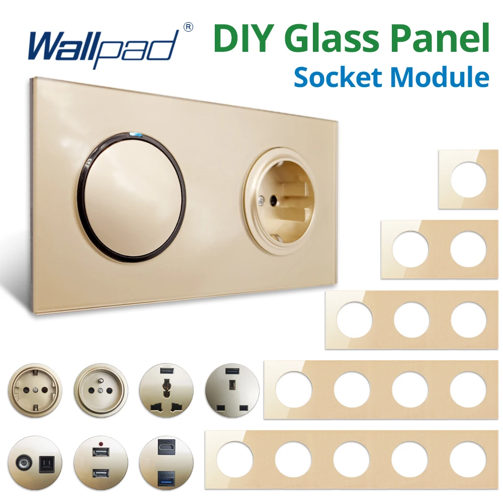 Wallpad Gold Tempered Glass Panel Wall EU UL Power Socket Electrical Outlet Function Key Only DIY Module AC110-220V