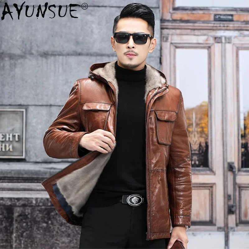 AYUNSUE High Quality Genuine Goatskin Leather Jacket for Men Hooded Winter Luxury Mink Fur Liner Mens Coat Jaqueta Masculina