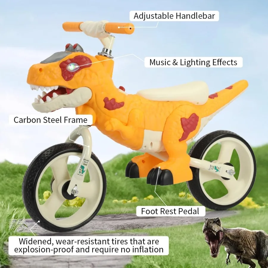 ألعاب دراجة توازن للأطفال الصغار بطابع الديناصورات للفتيات والفتيان من عمر 3 إلى 7 سنوات - تأثيرات الموسيقى والإضاءة دراجة تدريب بدون دواسة B
