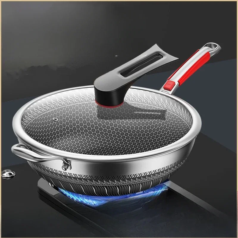 316 stainless steel uncoated non stick wok pan Double sided screen non oil fume medical grade frying pan kitchen cookware