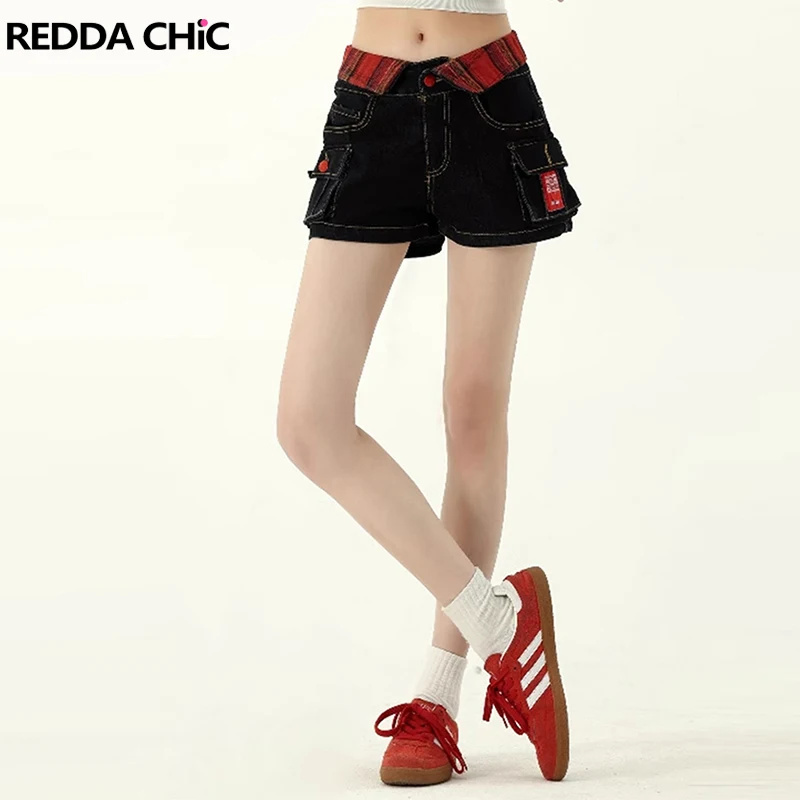 

ReddaChic женские клетчатые джинсовые шорты с вышивкой, милые эластичные облегающие брюки с низкой талией и вышивкой, летние штаны Y2k