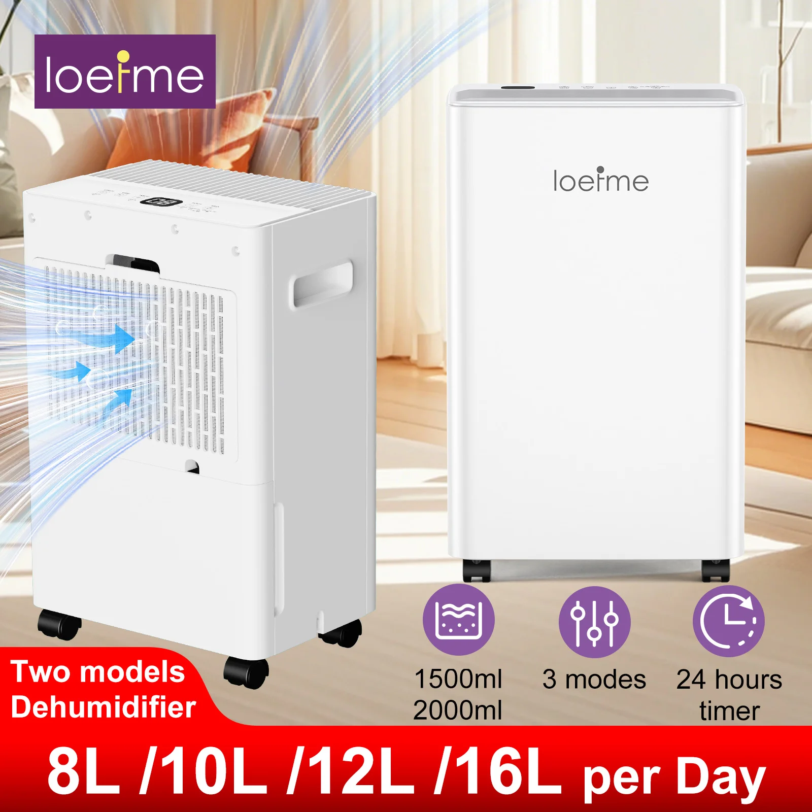 LOEFME Elektrischer Luftentfeuchter 8L/10L/12L/16L 24H Timer Zuhause Schlafzimmer Wohnzimmer Automatisches Abtauen 1,5L/2,0L Tankräder Rohre