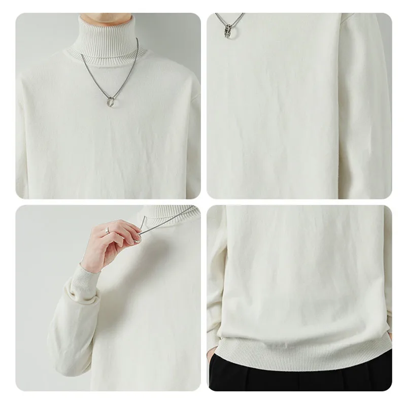 Suéter pulôver masculino de gola alta, cor sólida, estilo básico, fio macio de água, camada base moderna para primavera, outono e inverno
