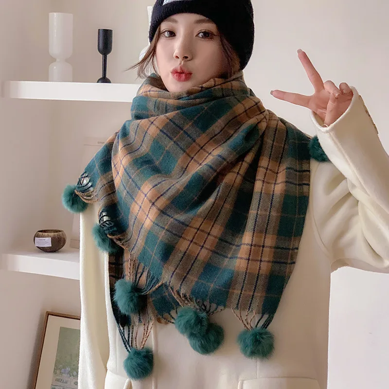 Fashion Design Velvet Ball Houndstooth Scarf Women Autumn Soft Thermal Muffler Female Winter Retro Imitation Cashmere Wrap Girls