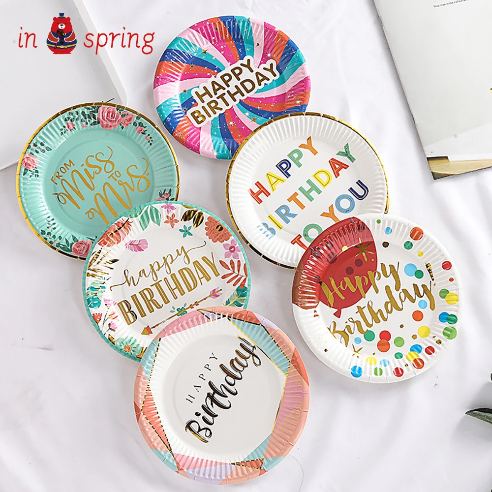 10 PCS Happy Birthday Disposable Paper Tray Environmentally Friendly Cardboard 18cm Diameter Birthday Party Tableware