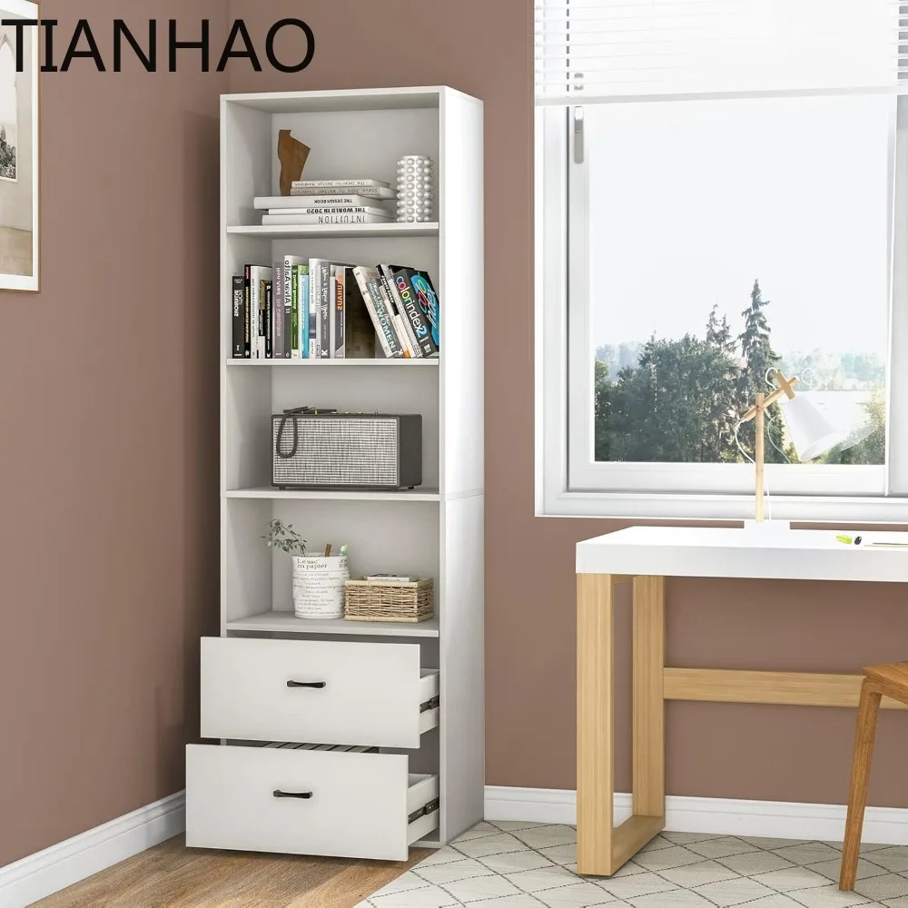 4 Shelf Bookcase with 2 Drawers, 74 Inch 4 Tiers Tall Open Bookshelf with 2 Slide-Out Drawers, Anti-toppling Device,