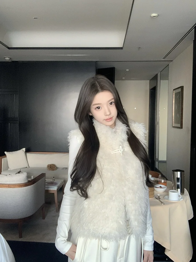 

Women's Thiened Lamb Fur Vest Outerwear Winter Coat Button Design ort Sle Pure Color Sasaouni Corner Button Coat