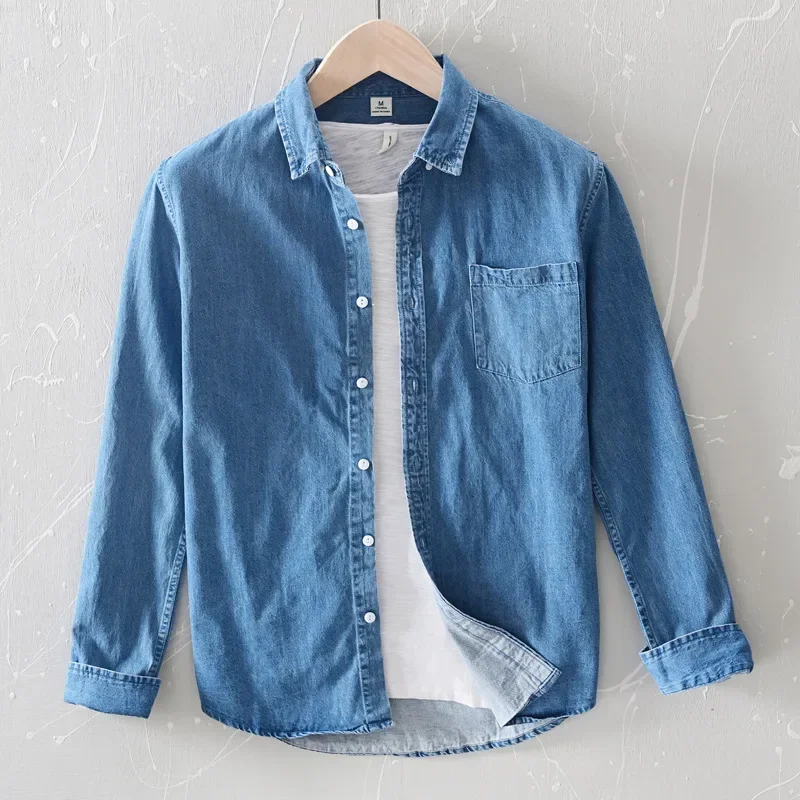 Classic Style Long Sleeve Denim Shirt Men Spring Summer Casual Jean Shirts Lapel Pocket Pure Cotton Comfort Cowboy Tops Simple