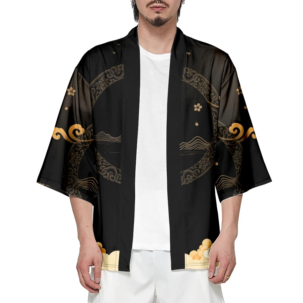 Harajuku موضة كرين مطبوعة ثوب الكيمونو الياباني التقليدي الشارع الشهير سترة سوداء رداء النساء الرجال Haori توب يوكاتا #5