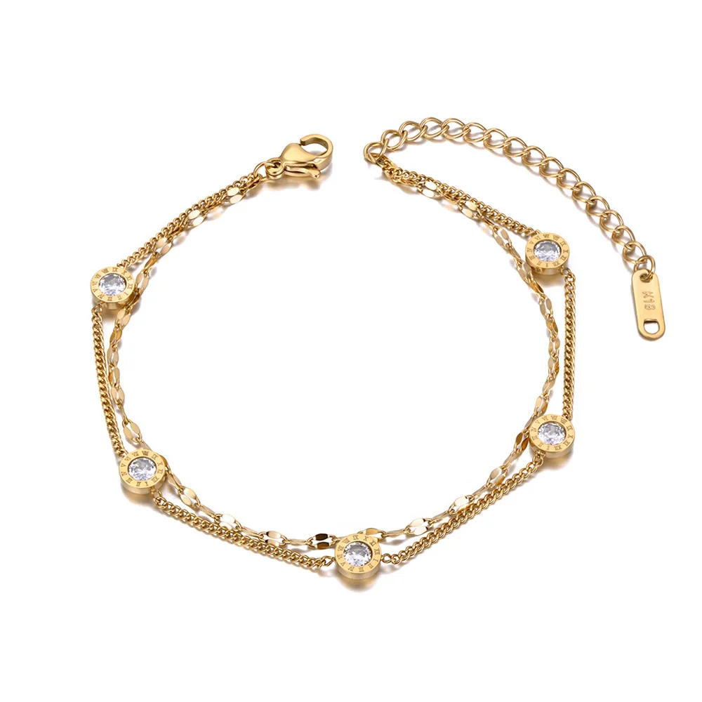 Lokaer Titan-Edelstahl-CZ-Kristall-Ketten- und Gliederarmbänder für Damen, Bohemia, 5 Stück, römische Ziffern, Charm-Armband B20147