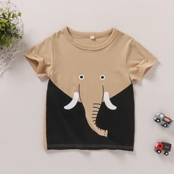 Summer New Boys and Girls Round Neck Pullover Cartoon Elephant Print Short Sleeved T-shirt Top