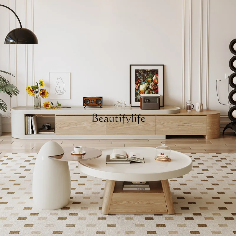 

Living Room Home Modern Small Apartment Natural Wood Simple Round Cream Style Large and Small Coffee Table Set