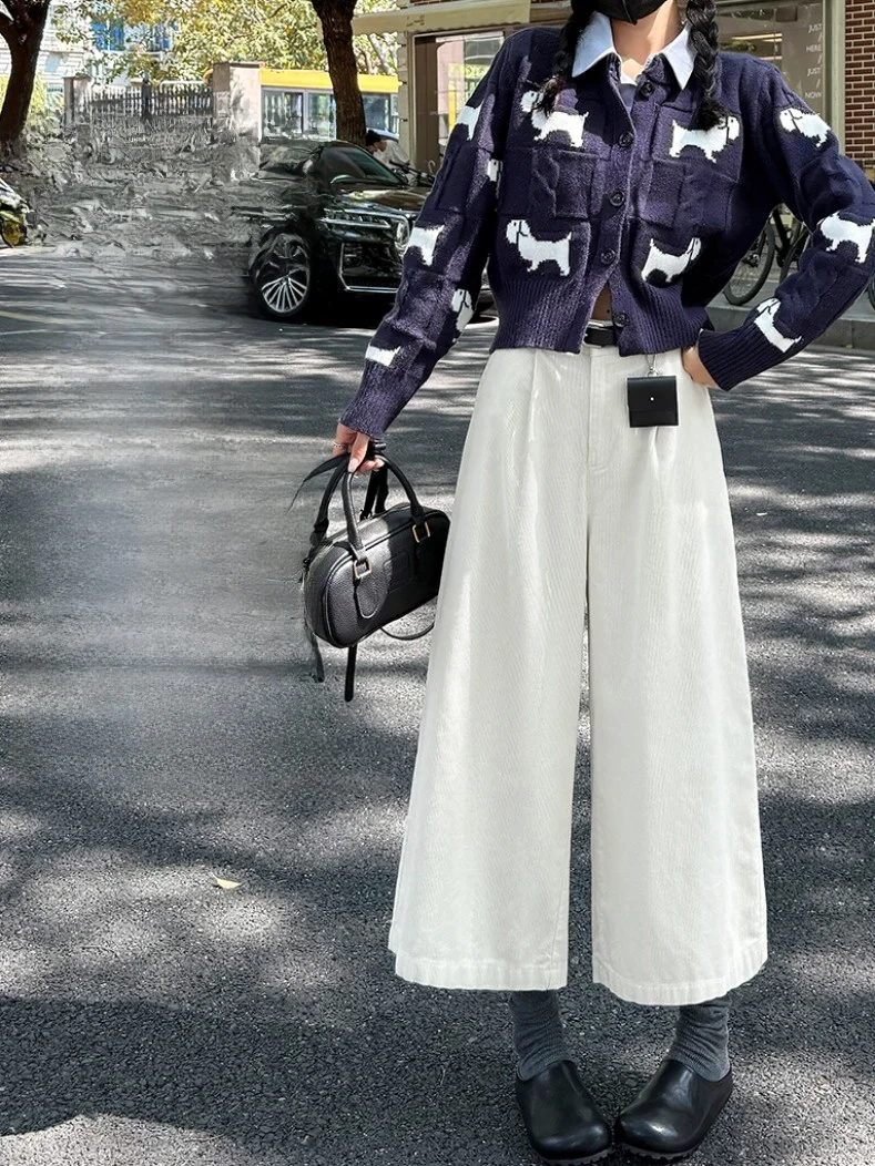 세 브라운 레트로 코듀로이 와이드 레그 팬츠 여성용 하이웨이스트 엘라스틱 가을 겨울 슬림핏 팬츠