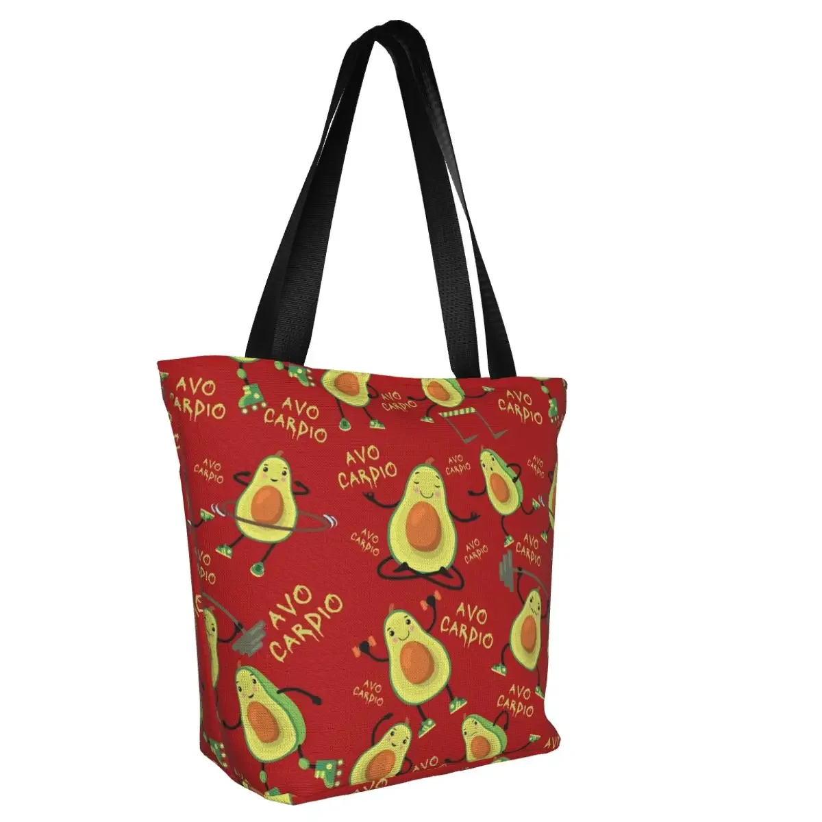 Red Avo Cardio Fitness Avocado Pattern Groceries Shopping Bag Printed Canvas Shopper Shoulder Tote Bags Large Capacity Handbag