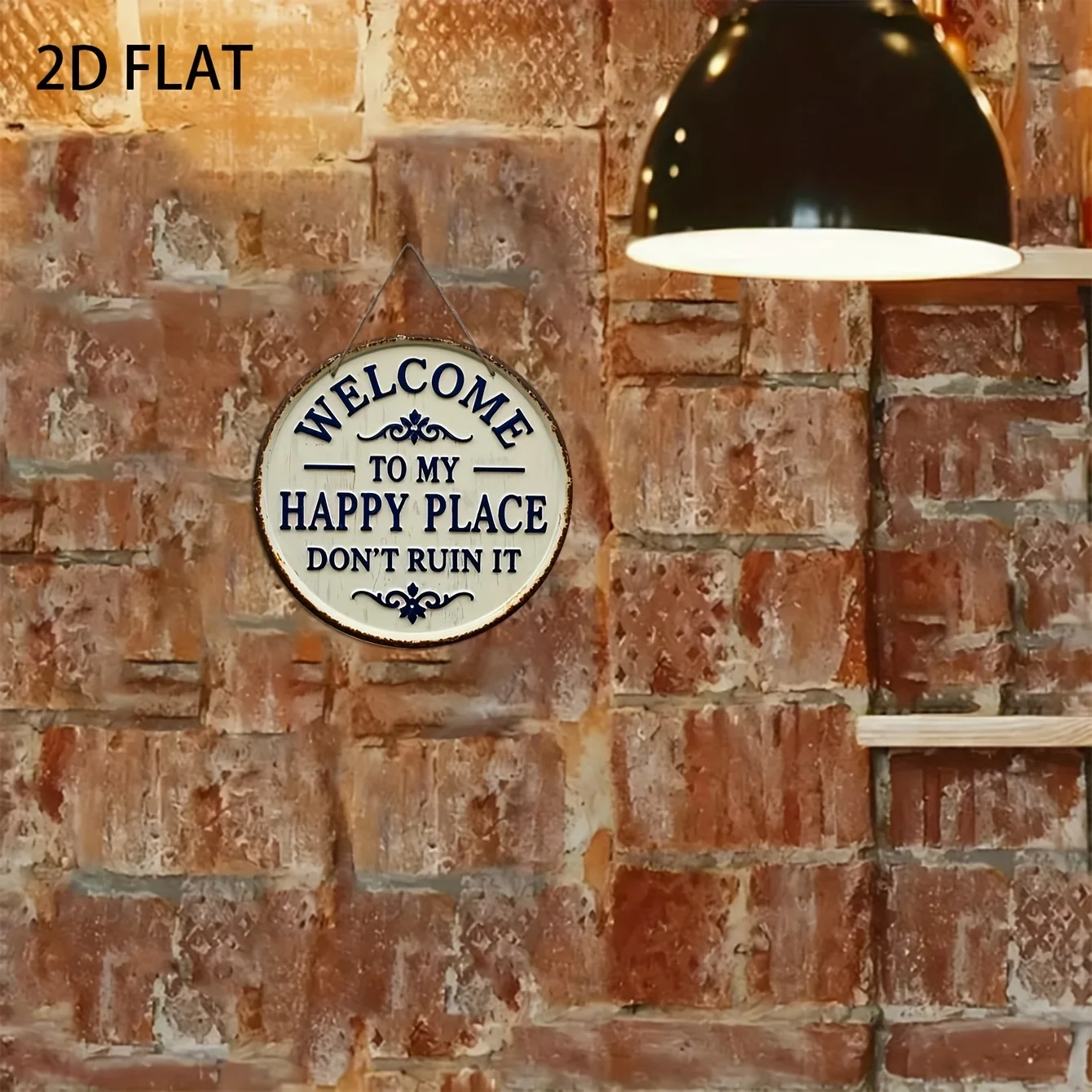 مسطح ثنائي الأبعاد، مرحبًا بكم في مكان سعيد لا تدميره" لافتة خشبية مستديرة عتيقة - لوحة زخرفية زرقاء وبيضاء ريفية للمنزل، Po #4