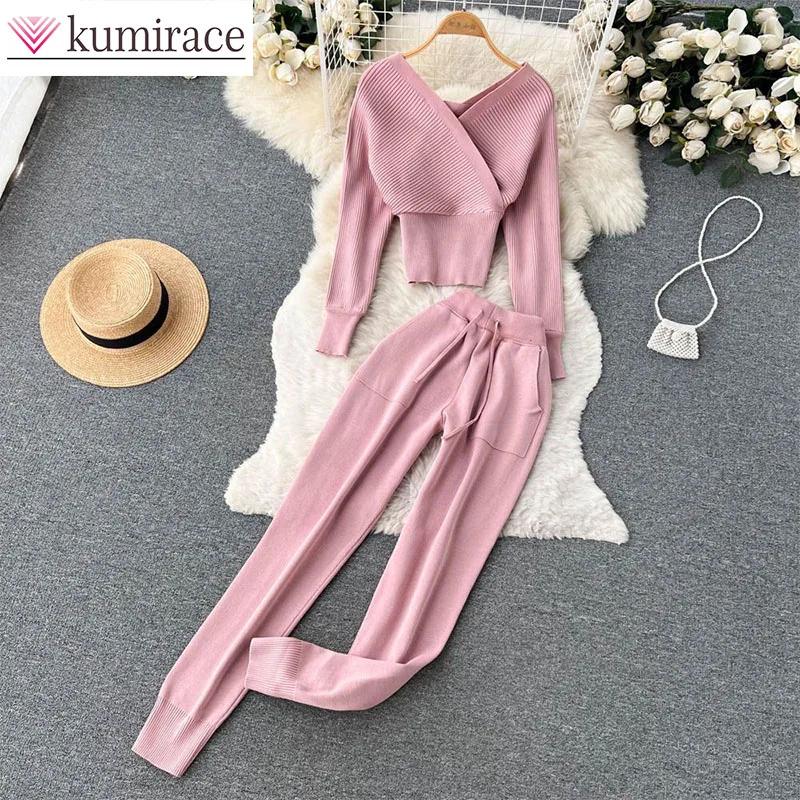 

Mingyuan Temperament Autumn Outfit 2024 New Women's Suit Long Sleeved Knitted Shirt Top High Waisted Ankle Tied Casual Long Pant