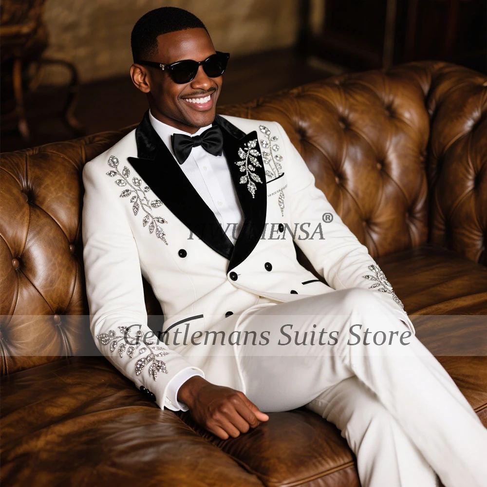 

Fashion Crystals Beaded Leaf Suit Men For Wedding Black Peaked Lapel Prom Blazer Outfits 2 Pieces Groom Tuxedo terno masculino