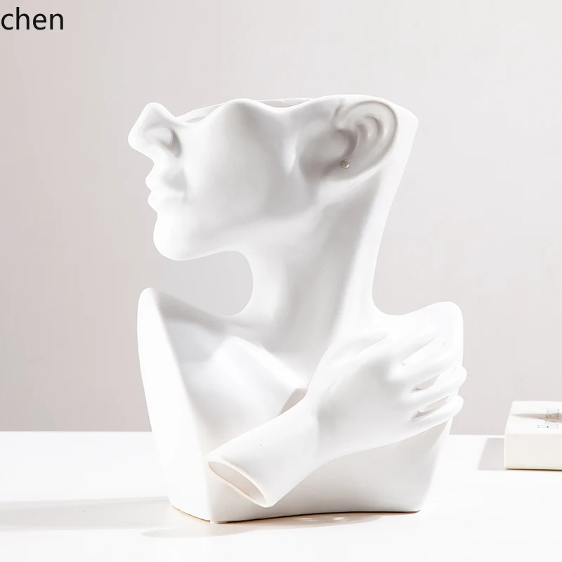 HTT Creative Personality Ceramic Human Face Art Vase Floral Modern Abstract Wine Cabinet Dining Table Simulation Flower Arranger