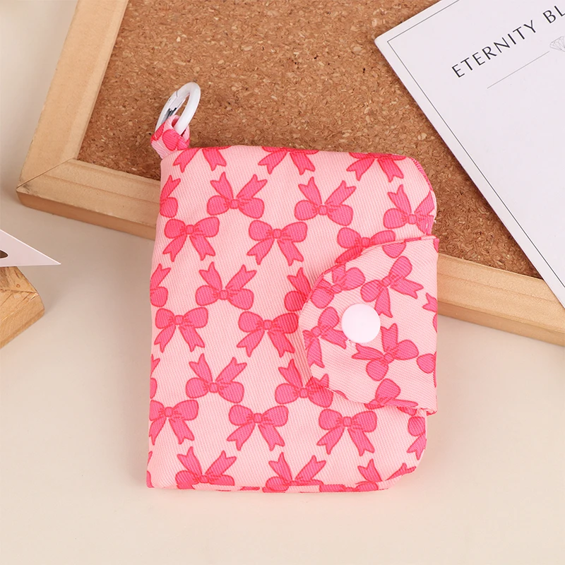 Girls Sweet Storage Bag For Women Bow Print Pink Coin Purses Canvas Small Zipper Wallet Card Holder