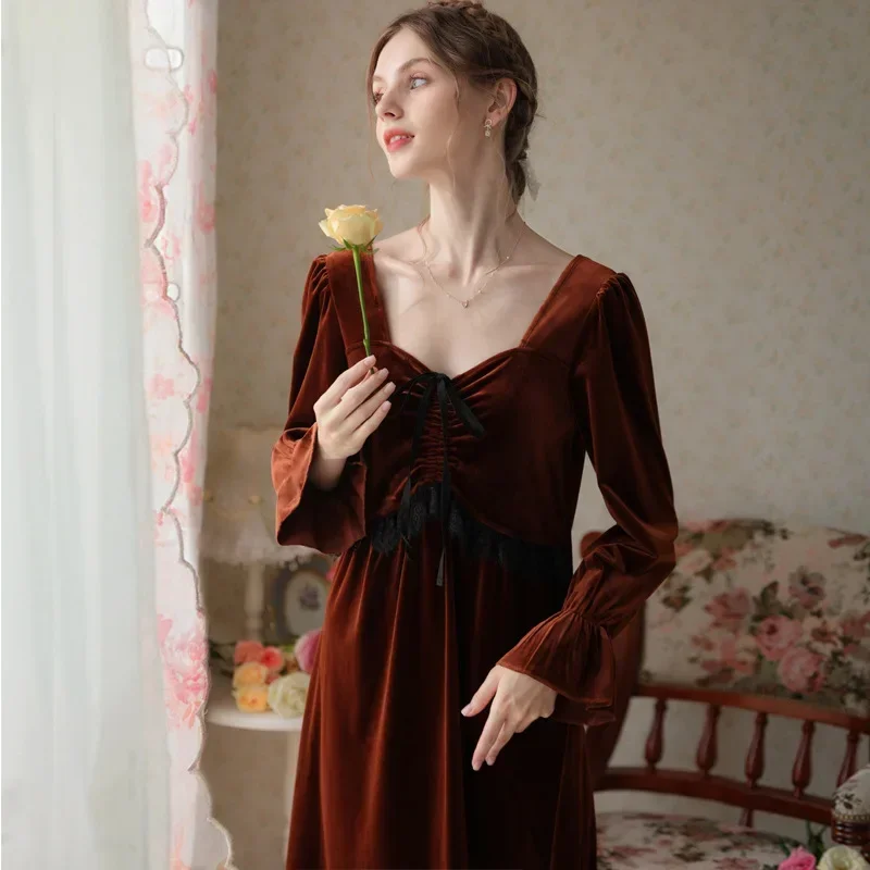 Autumn Winter Fairy Velvet Long Nightgown Sexy Square Collar Full Sleeve Nightdress Women Comfortable Solid Color Night Dress